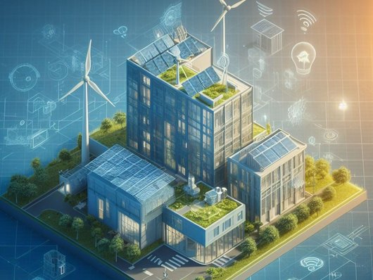 Digital building model with wind turbines and green roofs, surrounded by icons such as light bulbs or WLAN symbol