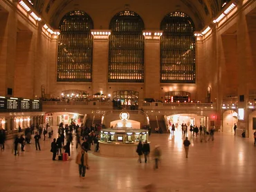 Station concourse in orange light