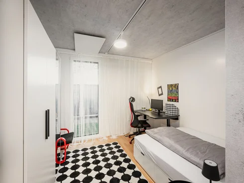 Jugendzimmer mit Bett, Schreibtisch