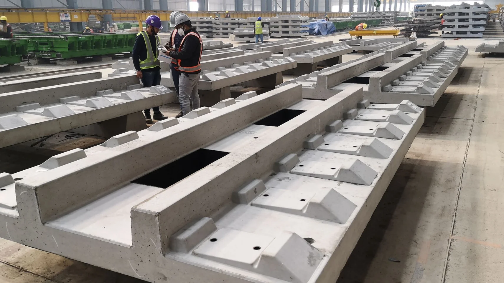 Slab track panels in a factory