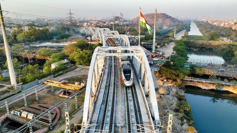 Bird's-eye view of a train travelling over a bridge