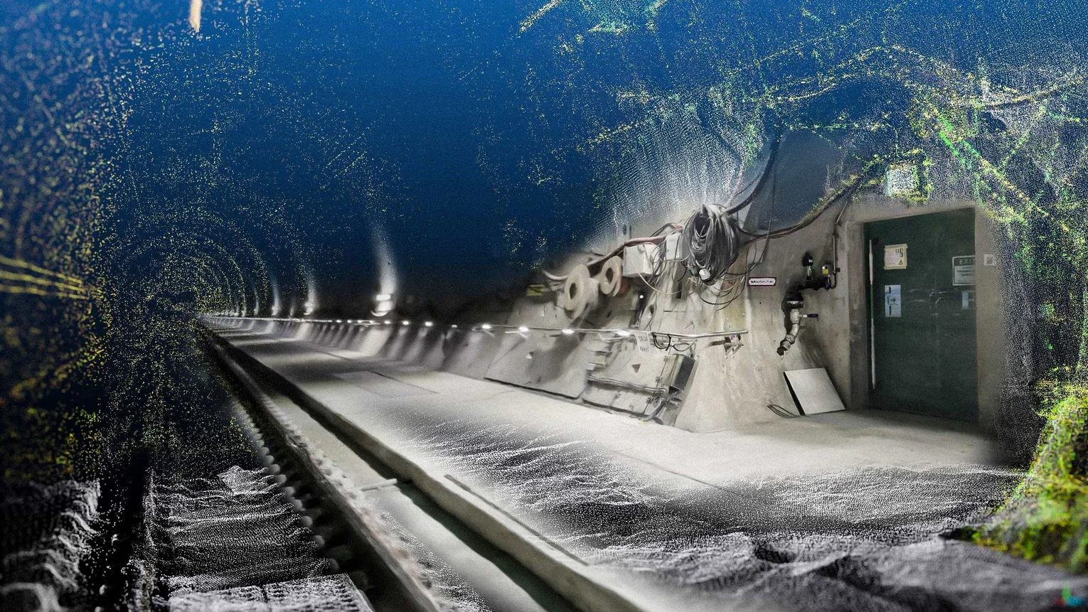 Blick in einen Tunnel, überlagert mit digitalen Punktwolken