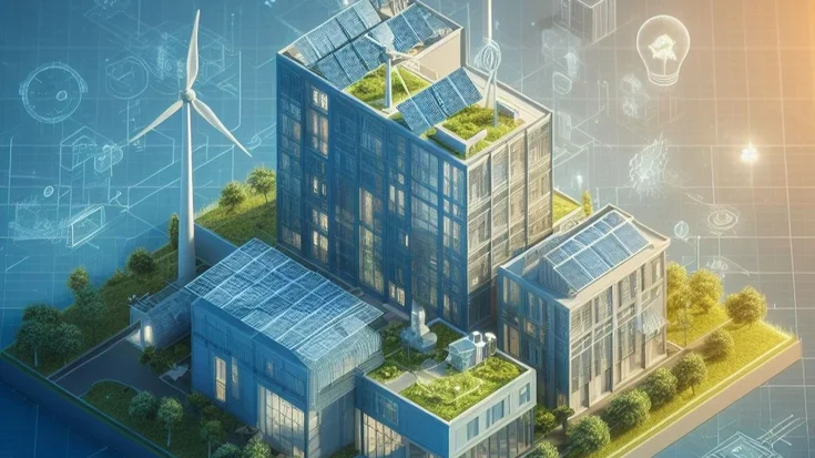 Digitales Gebäudemodell mit Windrädern und Dachbegrünung, rundherum Icons wie Glühbirne oder WLAN