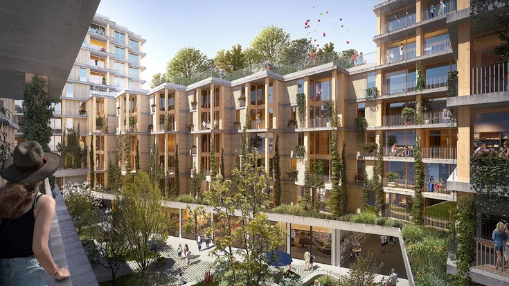 Visualisierung eines Innenhofs, umgeben von Holz-Hybrid-Bauten mit begrünten Dächern